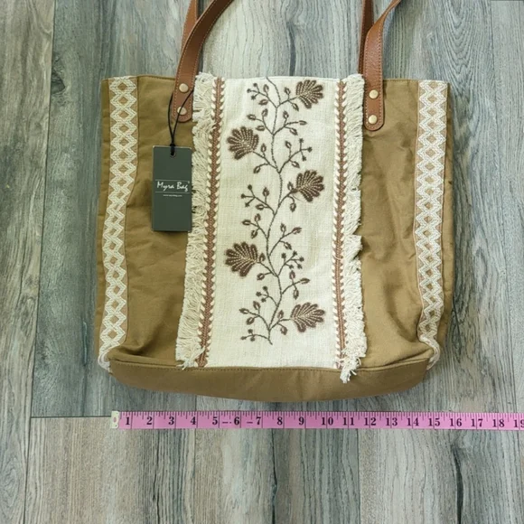 Myra Bag Jamee Jane Brown & Tan Embroidered Tote Shoulder Purse New With Tags - Picture 8 of 11